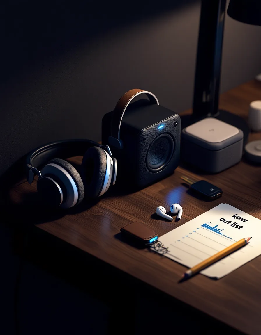 Isometric render of closed-back headphones, a small studio monitor and a pair of white earbuds lined up on a walnut desk over a pencil-marked cut list