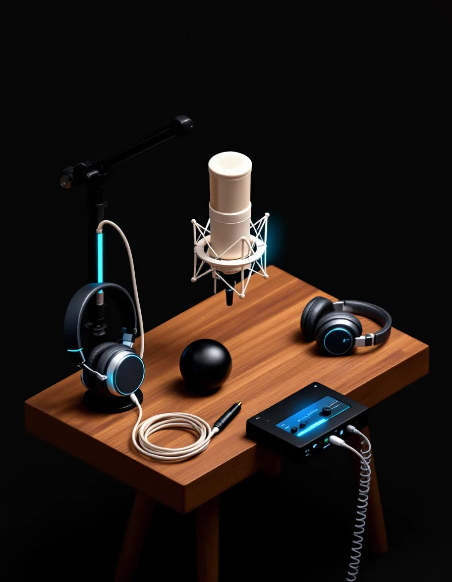 Isometric render of a condenser microphone on a boom arm above a small walnut editing desk with headphones and a glowing cyan level meter