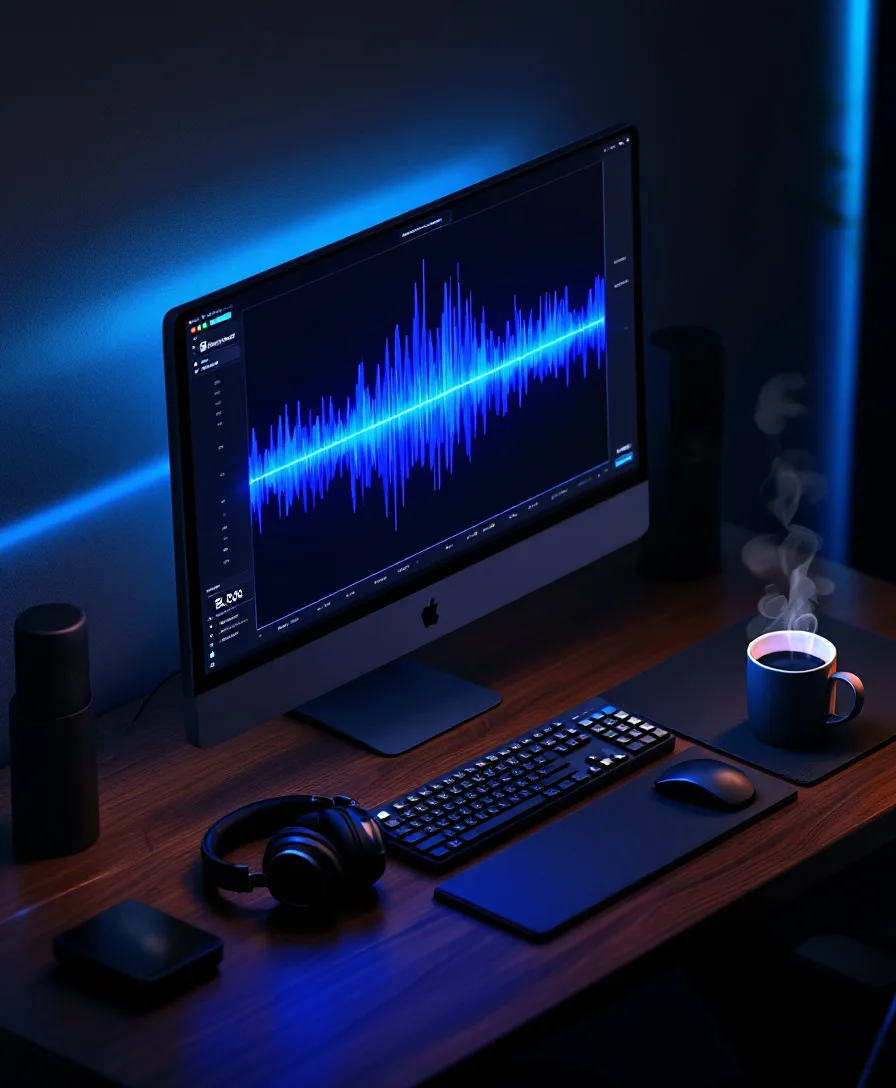 Isometric render of a monitor showing a cyan spectrogram with a hum line being lifted out, headphones resting beside the keyboard on a walnut desk